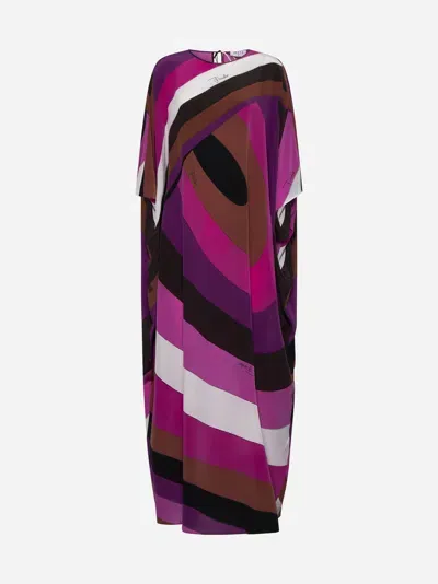 Pucci Print Silk Long Kaftan In Fuchsia,brown