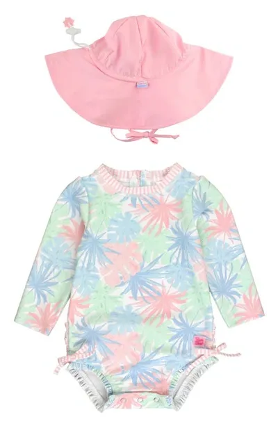 Rufflebutts Babies'  Pastel Palms Long Sleeve One-piece Swimsuit & Hat Set In Pink