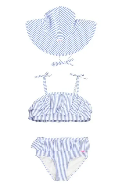 Rufflebutts Babies'  Ruffle Seersucker Two-piece Swimsuit & Hat Set In Periwinkle