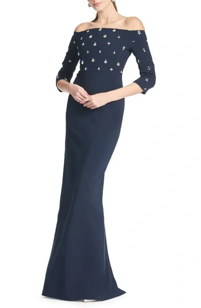 Sachin & Babi Amarette Crystal Detail Off The Shoulder Stretch Crepe Gown In Dark Midnight