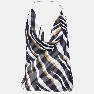 Pre-owned Valentino White/black Printed Silk Cross Strap Camisole Top M