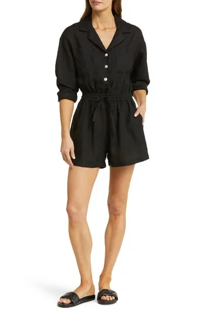 Vitamin A Getaway Long Sleeve Linen Cover-up Romper In Black Eco Linen