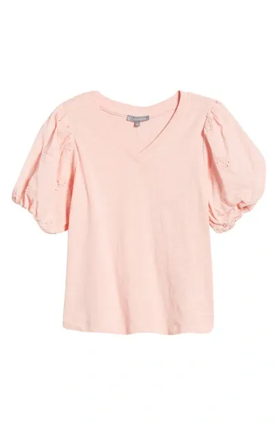 Wit & Wisdom Embroidered Puff Sleeve V-neck Top In Strawberry Cream