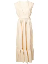 Tibi Linen Canvas Cutout V-neck Dress In Biscotti