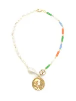 Timeless Pearly Medallion Asymmetrical Necklace In White,gold,red