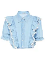 Miu Miu Ruffle-trim Denim Shirt In Blue