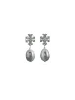 Tory Burch Kira Pave Pearl Drop Earring In Tory Silver/pearl