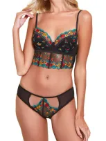 Hauty Embroidered Fire Flowers Caged Long Line Bralette & Underwear 2pc Set, Online Only In Black