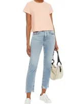 Ag Cropped Distressed High-rise Straight-leg Jeans In Blue