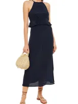 Zimmermann Gathered Silk Crepe De Chine Peplum Midi Dress In Navy