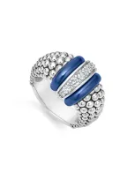 Lagos Sterling Silver Blue Caviar Ultramarine Ceramic Diamond Large 1-link Ring In Blue/silver