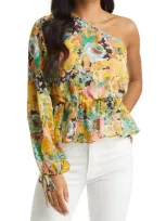 Vici Collection Floral One-shoulder Peplum Blouse In Green Multi