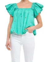 English Factory Floral Embroidered Scallop Trim Cotton Top In Emerald