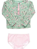 Rufflebutts Kids' Rose Long Sleeve Two-piece Rashguard Swimsuit In Green