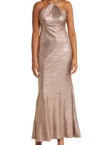 Vince Camuto Metallic Embellished Twist Neck Gown In Taupe