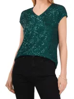 Vince Camuto Sequin Cap Sleeve Top In Dark Green