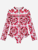 Dolce & Gabbana Kids' Long-sleeved Majolica-print One-piece Swimsuit