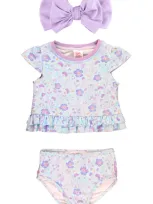 Rufflebutts Kids' Floral Print Two-piece Swimsuit & Bow Head Wrap Set In Blue