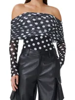 Afrm Maxine Off Shoulder Mesh Bodysuit In Diagonal Dot