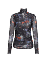 Cinq À Sept Wild Poppy Shirred Mesh Turtleneck Top In Obsidian Multi