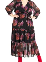 City Chic Monique Print Long Sleeve Faux Wrap Maxi Dress In Black