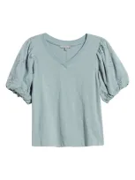 Wit & Wisdom Embroidered Puff Sleeve V-neck Top In Dusty Slate