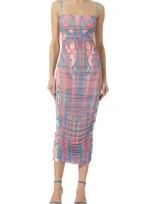 Afrm Hazel Printed Ruched Mesh Midi Dress In Sculpted Cable