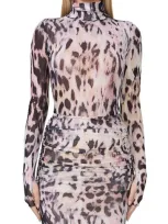 Afrm Milo Print Long Sleeve Turtleneck Mesh Bodysuit In Warm Leopard