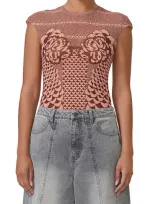 Afrm Nina Print Cap Sleeve Mesh Top In Peach Petal