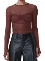 Afrm Sandrine Long Sleeve Mesh Top In Cocoa