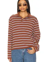 All The Ways Sophia Oversized Henley Top In Brown & Blue Stripe