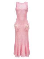 Andreeva Pink Rose Knit Dress With Feathers