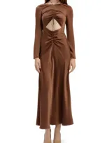 Bardot Daring Satin Long-sleeve Maxi Dress In Brown