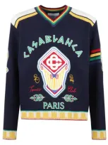 Casablanca Mens Navy Fraternity Embroidered Flocked-text Wool Knitted Jumper In Multi