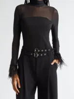 Cinq À Sept Shantel Feather-trim Turtleneck Top In Black