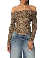 Edikted Leopard Print Fold Over Off The Shoulder Knit Top