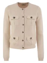 Elisabetta Franchi Bouclé Wool Cardigan With Technical Sail Cloth Pockets In Beige