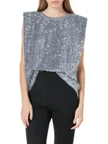 Endless Rose Sequin Padded Shoulder Velvet Top In Grey