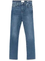 Frame Le High Straight Long Raw Fray Jeans In Blue