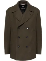 Hugo Boss Double-breasted Coat In A Wool Blend In Green