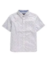 Johnston & Murphy Kids' Airplane Print Short Sleeve Cotton Button-down Shirt In White