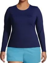 Lands' End Plus Size Crew Neck Long Sleeve Rash Guard Upf 50 Sun Protection Swim Tee In Deep Sea Navy