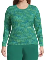 Lands' End Plus Size Crew Neck Long Sleeve Rash Guard Upf 50 Sun Protection Swim Tee In Island Emerald Stipple Palm