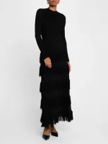 Lela Rose Piper Tiered Fringe Pointelle-knit Maxi Dress In Black