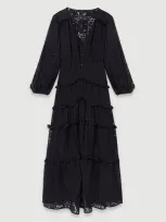 Maje Ruffled Patterned Maxi Dress In Noir / Gris