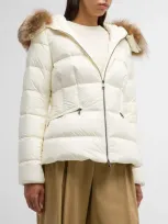 Moncler Boed Belted Down Jacket With Shearling Hood Trim In Silk White