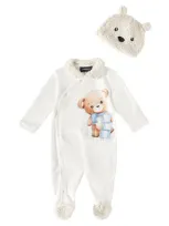 Monnalisa Baby Printed Cotton Onesie And Hat Set In White