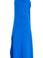 Oscar De La Renta One Shoulder Orchid Jewel Button Detail  Draped Caft In Blue