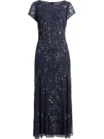 Pisarro Nights Beaded Mesh Midi Cocktail Dress In Deep Slate