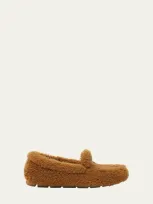 Prada Shearling Cozy Driver Loafers In Caramel